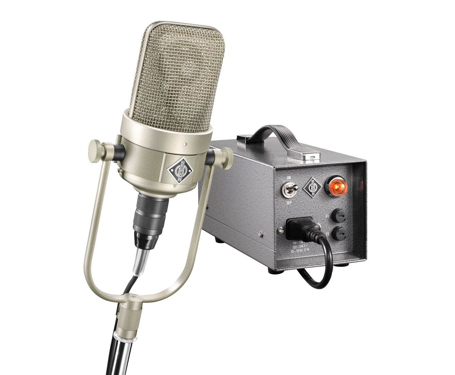 Silver microphone on a stand mount connected to a gray power supply unit with a toggle switch and indicator light.