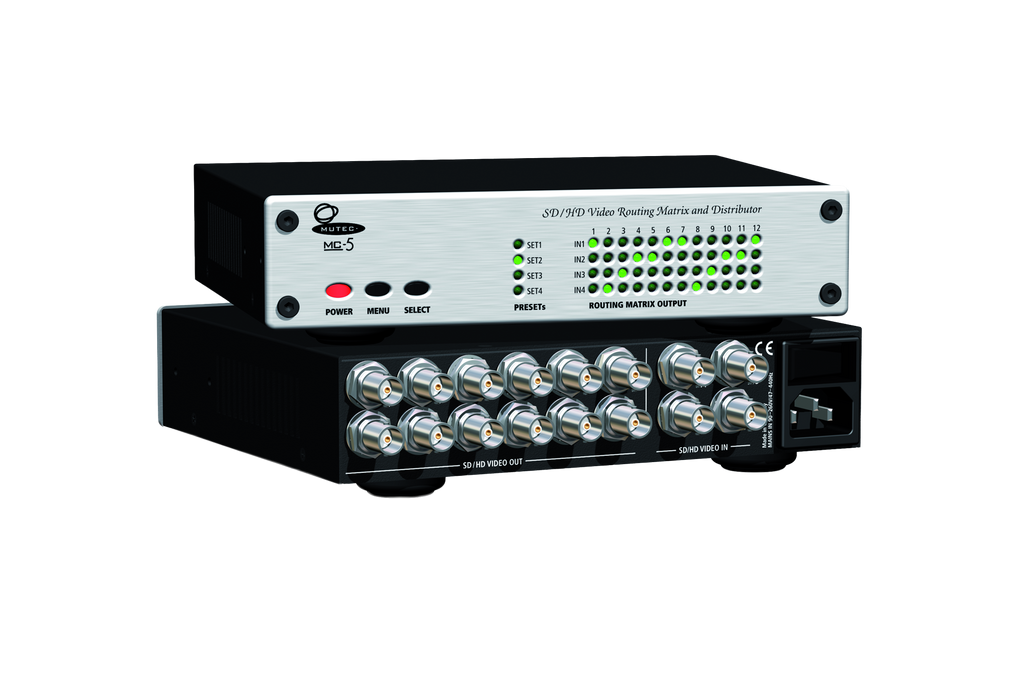 Silver and black SD/HD video routing matrix unit with BNC connectors, power inlet, and control buttons.