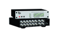 Silver and black SD/HD video routing matrix unit with BNC connectors, power inlet, and control buttons.