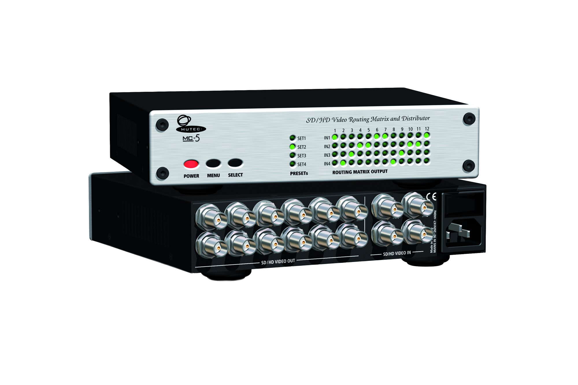 Silver and black SD/HD video routing matrix unit with BNC connectors, power inlet, and control buttons.