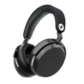 Black over-ear headphones with fabric headband, cushioned ear pads, and USB-C charging port.