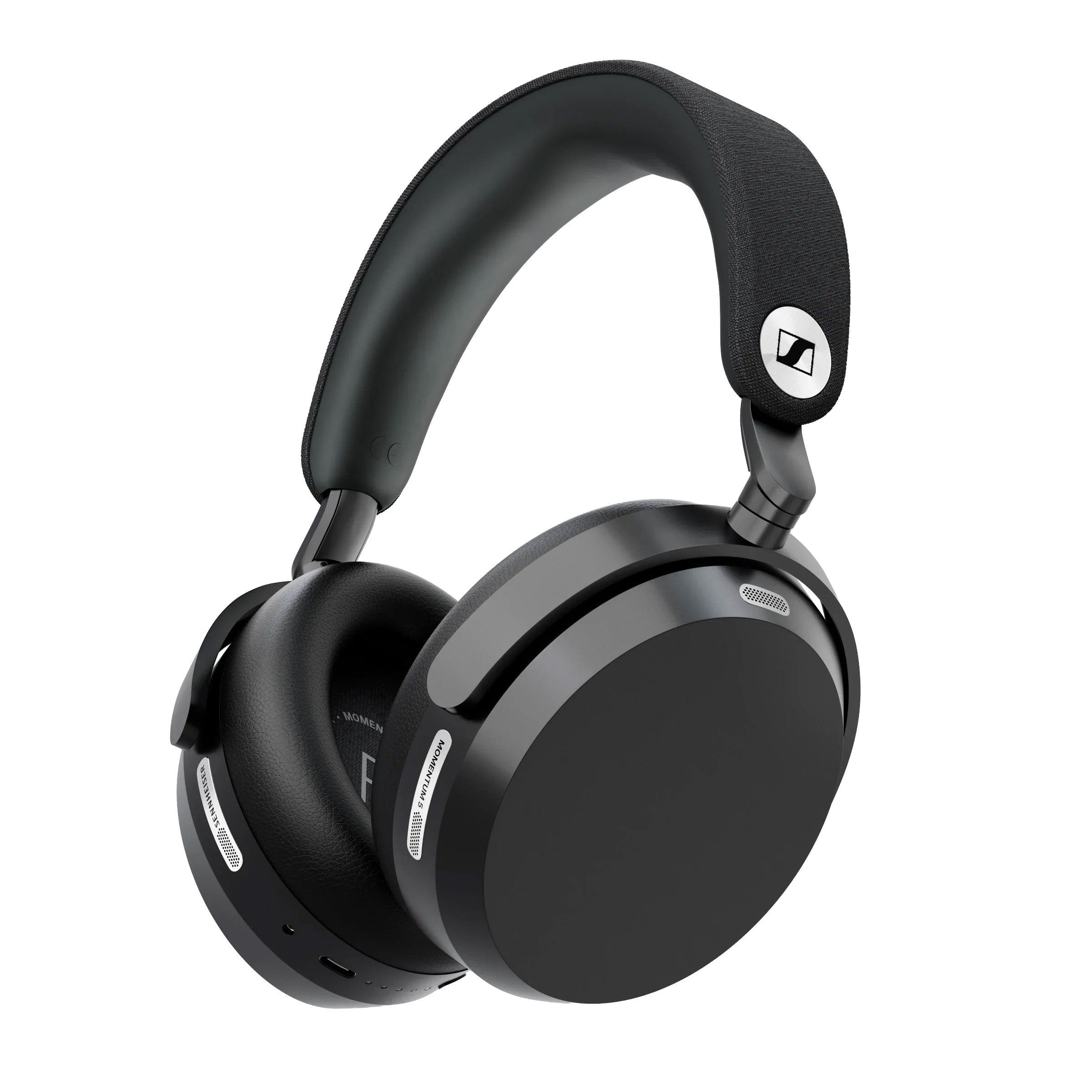 Black over-ear headphones with fabric headband, cushioned ear pads, and USB-C charging port.