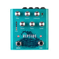 Teal Eventide Riptide guitar effects pedal with six silver knobs, two footswitches, and LED indicators on top.