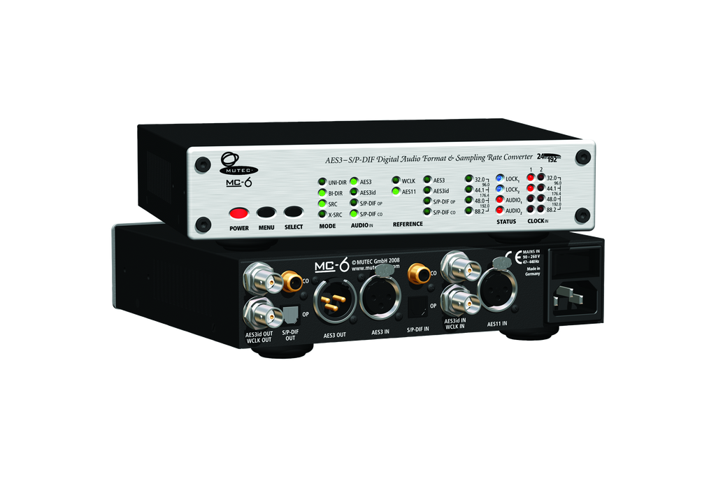 MUTEC MC-6 digital audio format and sampling rate converter with front panel controls and rear connectors.