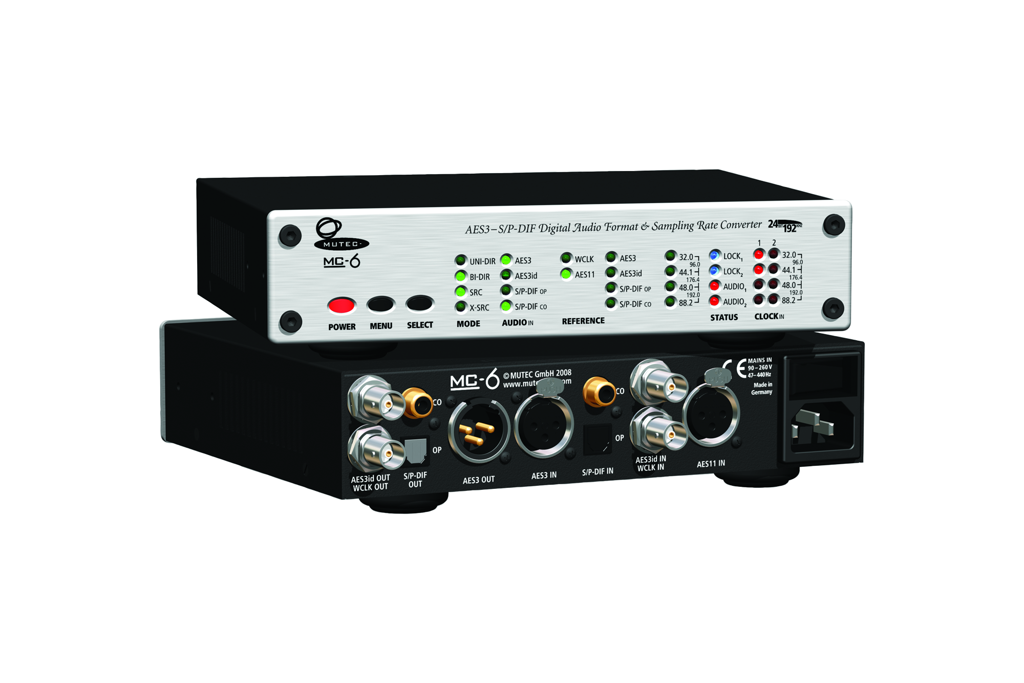 MUTEC MC-6 digital audio format and sampling rate converter with front panel controls and rear connectors.
