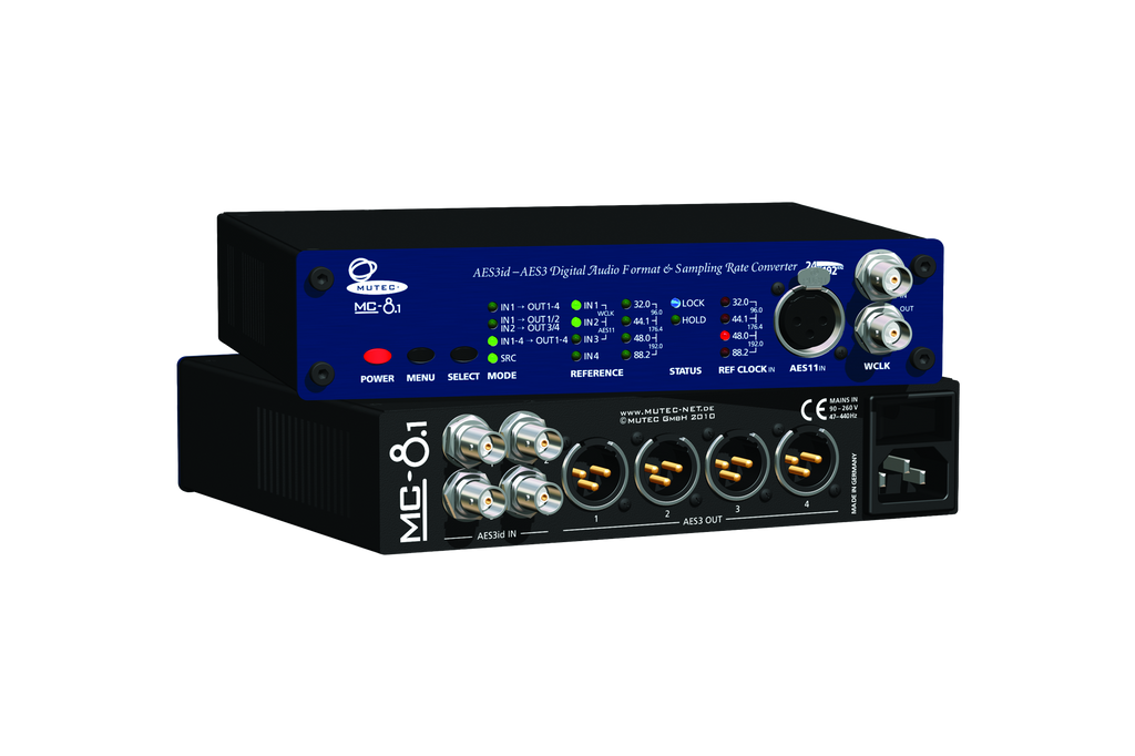 Front and rear view of a black and blue digital audio converter device with multiple connectors and control buttons.