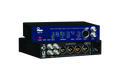 Front and rear view of a black and blue digital audio converter device with multiple connectors and control buttons.