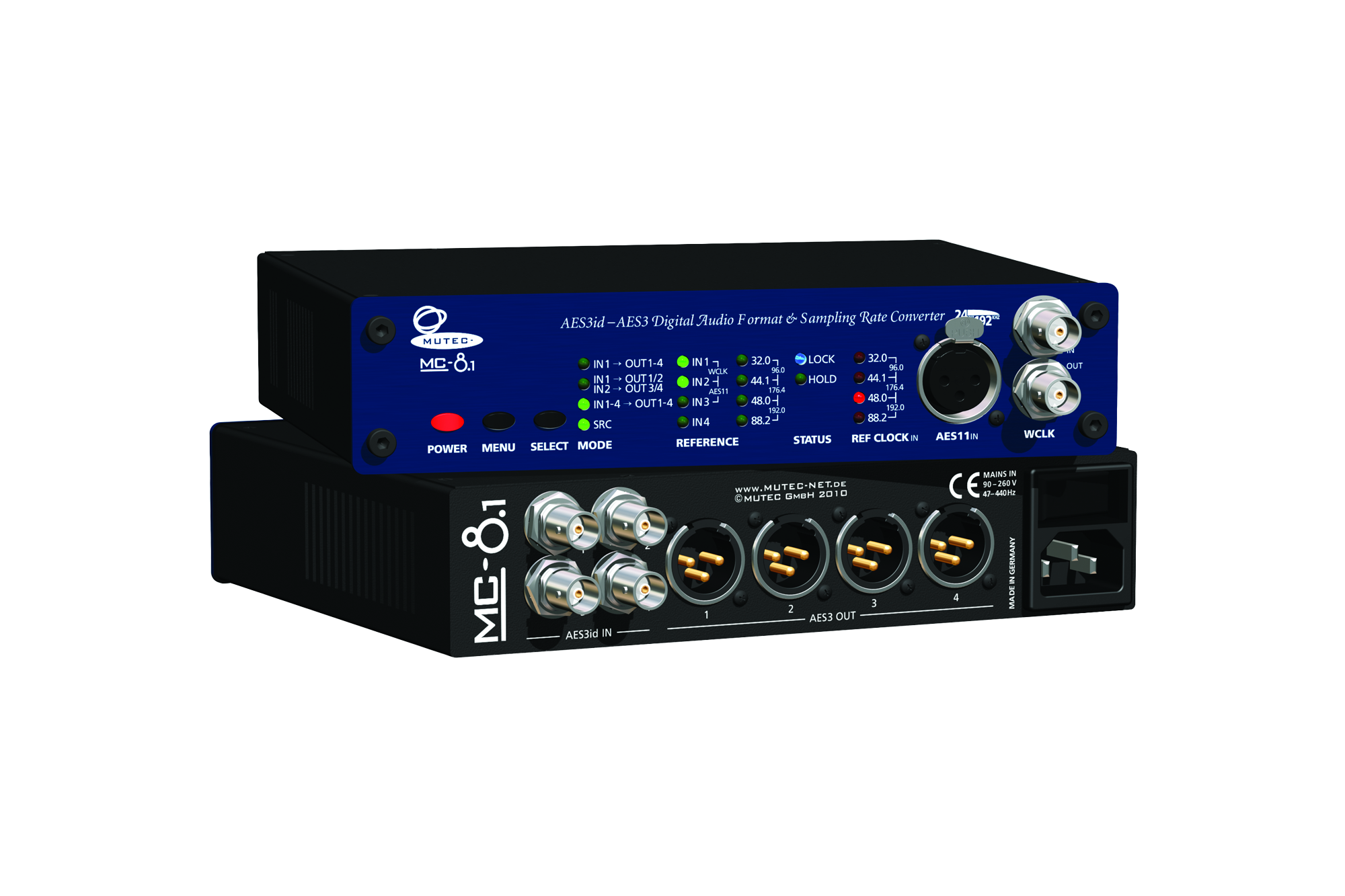 Front and rear view of a black and blue digital audio converter device with multiple connectors and control buttons.