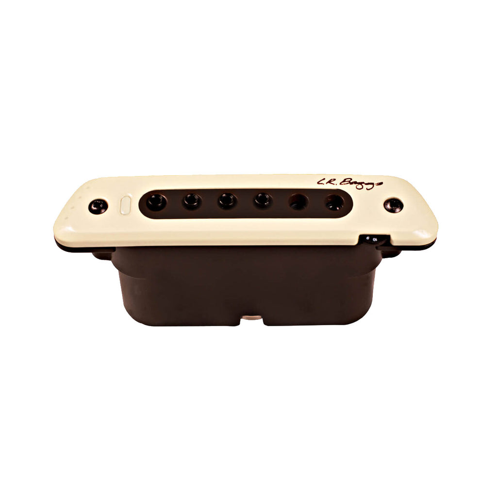 Cream and black rectangular guitar pickup with six visible pole screws and L.R. Baggs logo.