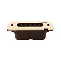 Cream and black rectangular guitar pickup with six visible pole screws and L.R. Baggs logo.