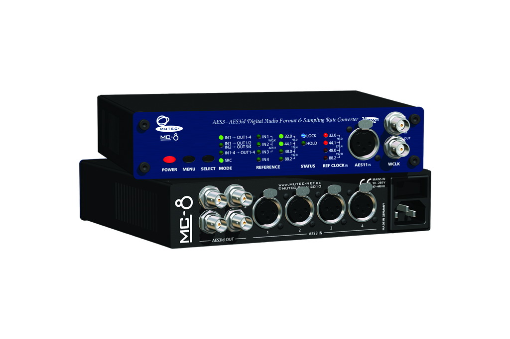 Black and blue audio converter device with multiple BNC and XLR connectors and control buttons.