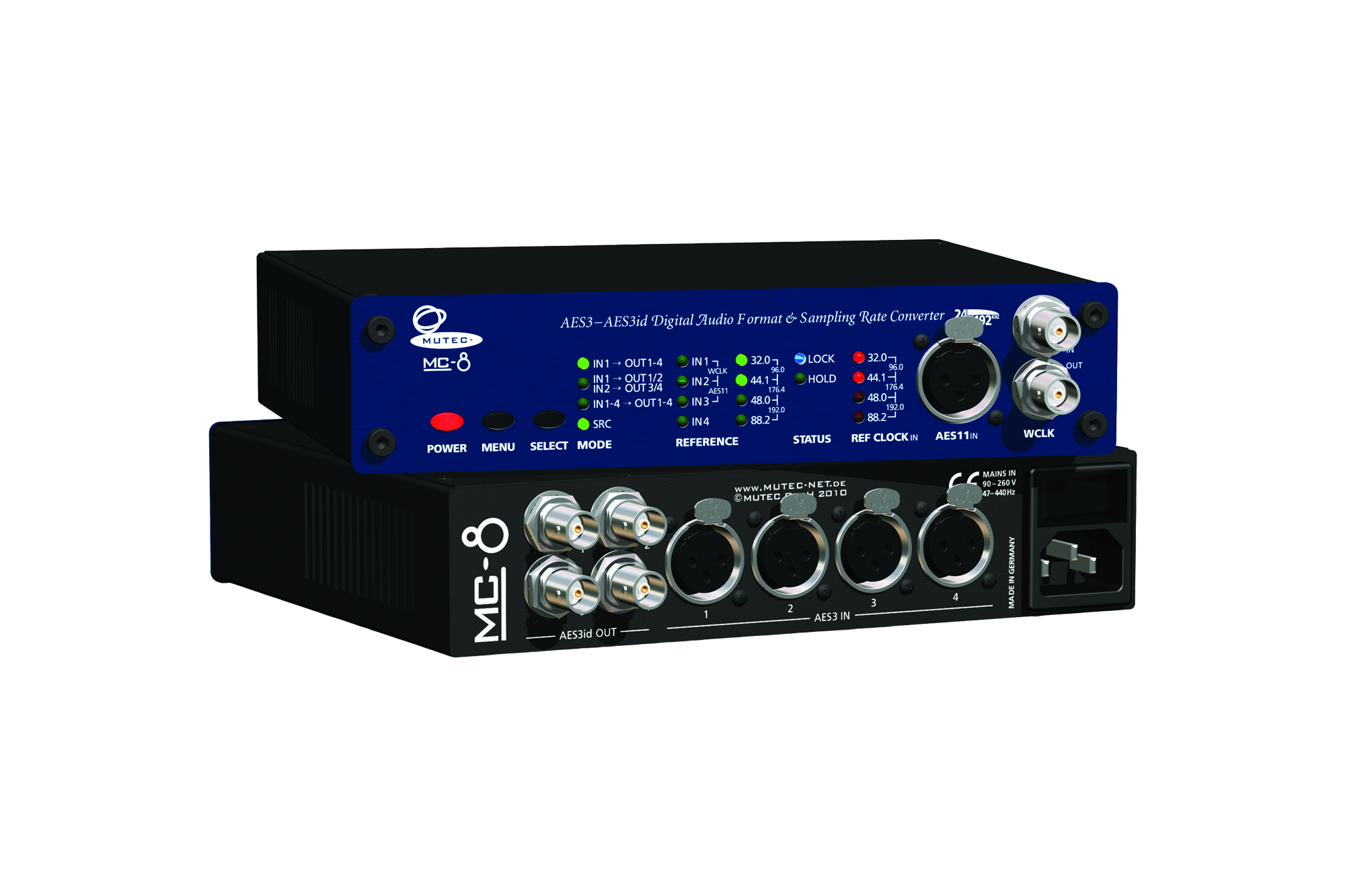 Black and blue audio converter device with multiple BNC and XLR connectors and control buttons.