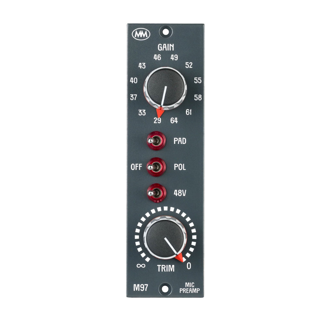 Front view of a black audio preamp module with gain and trim knobs and three toggle switches.