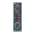 Front view of a black audio preamp module with gain and trim knobs and three toggle switches.