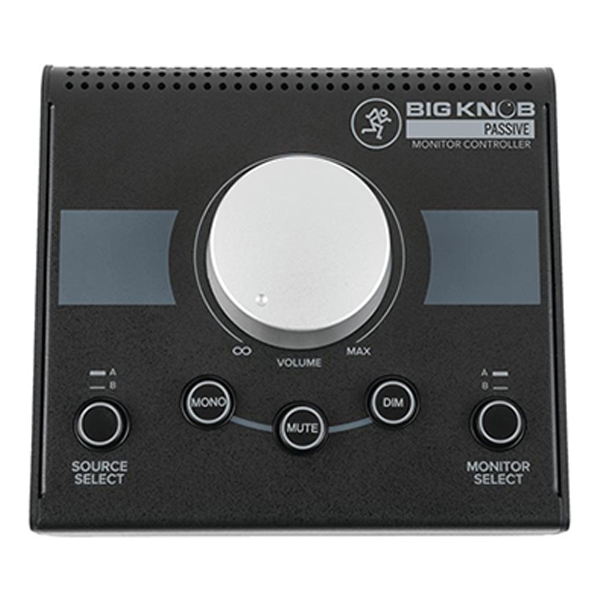 Black Mackie Big Knob Passive monitor controller with large volume knob and multiple control buttons on top panel.