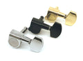 Three guitar tuning pegs in silver, black, and gold colors, shown in a row on a white background.