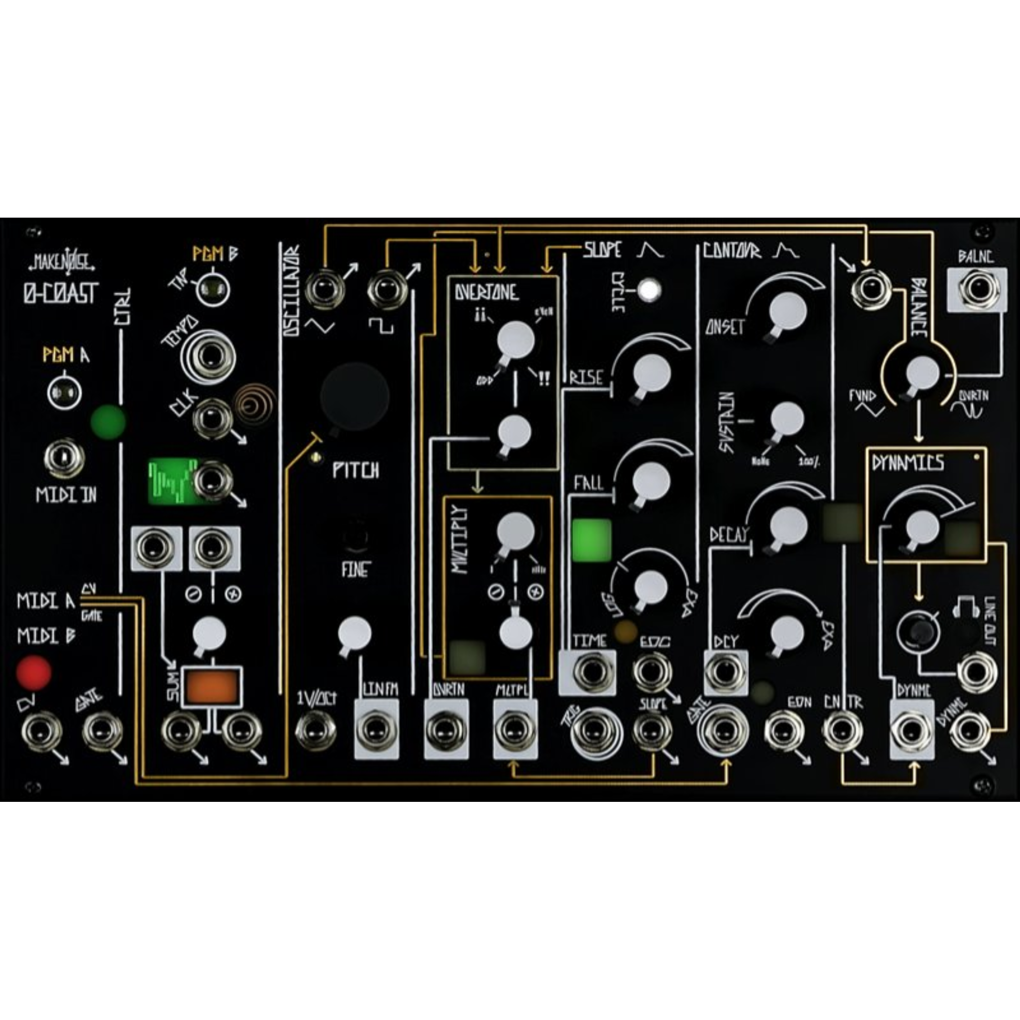 Black synthesizer module with multiple knobs, jacks, and labeled sections including oscillator, contour, and dynamics.
