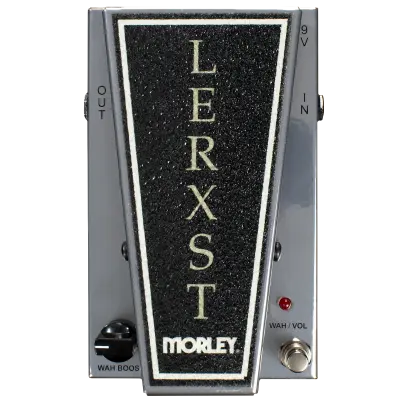 Silver and black Morley Lerxst wah/volume pedal with knob, footswitch, input and output jacks, and a red LED indicator.