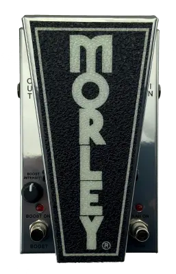 Silver and black Morley pedal with footswitches, knob, and input/output jacks labeled.