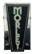 Silver and black Morley pedal with footswitches, knob, and input/output jacks labeled.