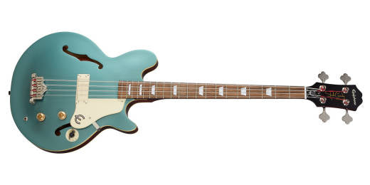 Faded Pelham Blue semi-hollow electric bass guitar with control knobs and tuning pegs shown flat on white background.