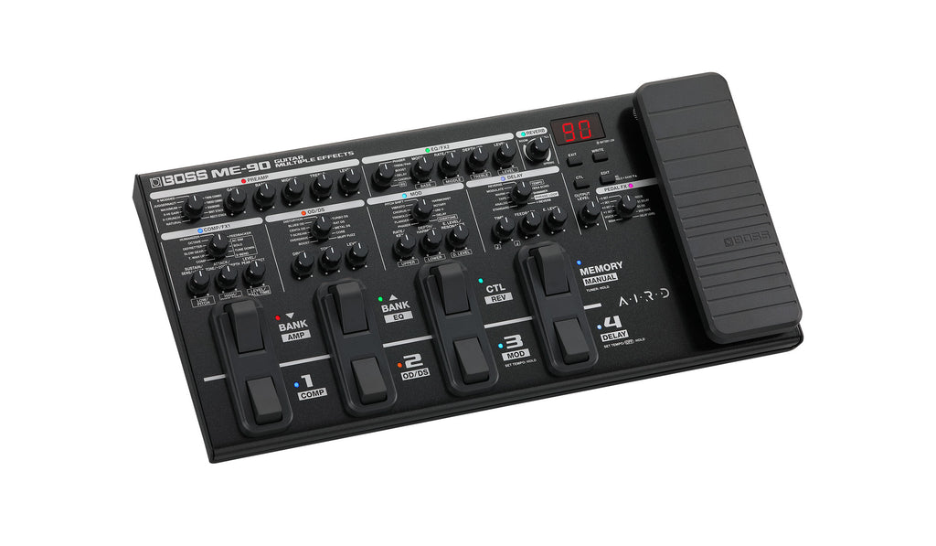 Black Boss ME-90 guitar multi-effects processor with multiple footswitches, knobs, and an expression pedal.