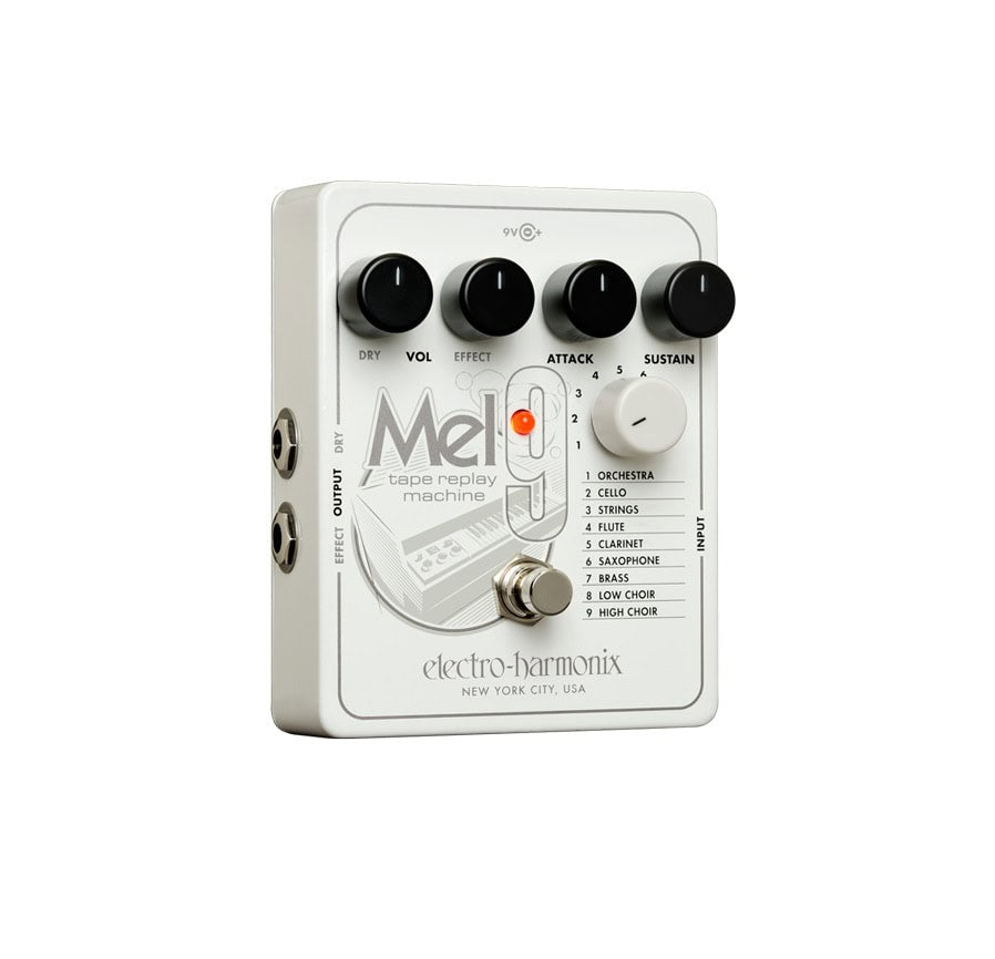 White guitar effects pedal with four knobs, footswitch, and side input/output jacks labeled Mel 9.