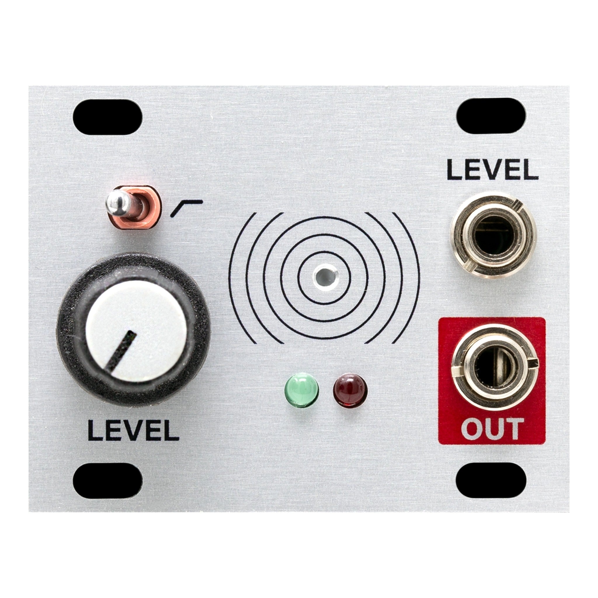 Silver electronic module with level knob, toggle switch, two jacks labeled LEVEL and OUT, and two small indicator lights.