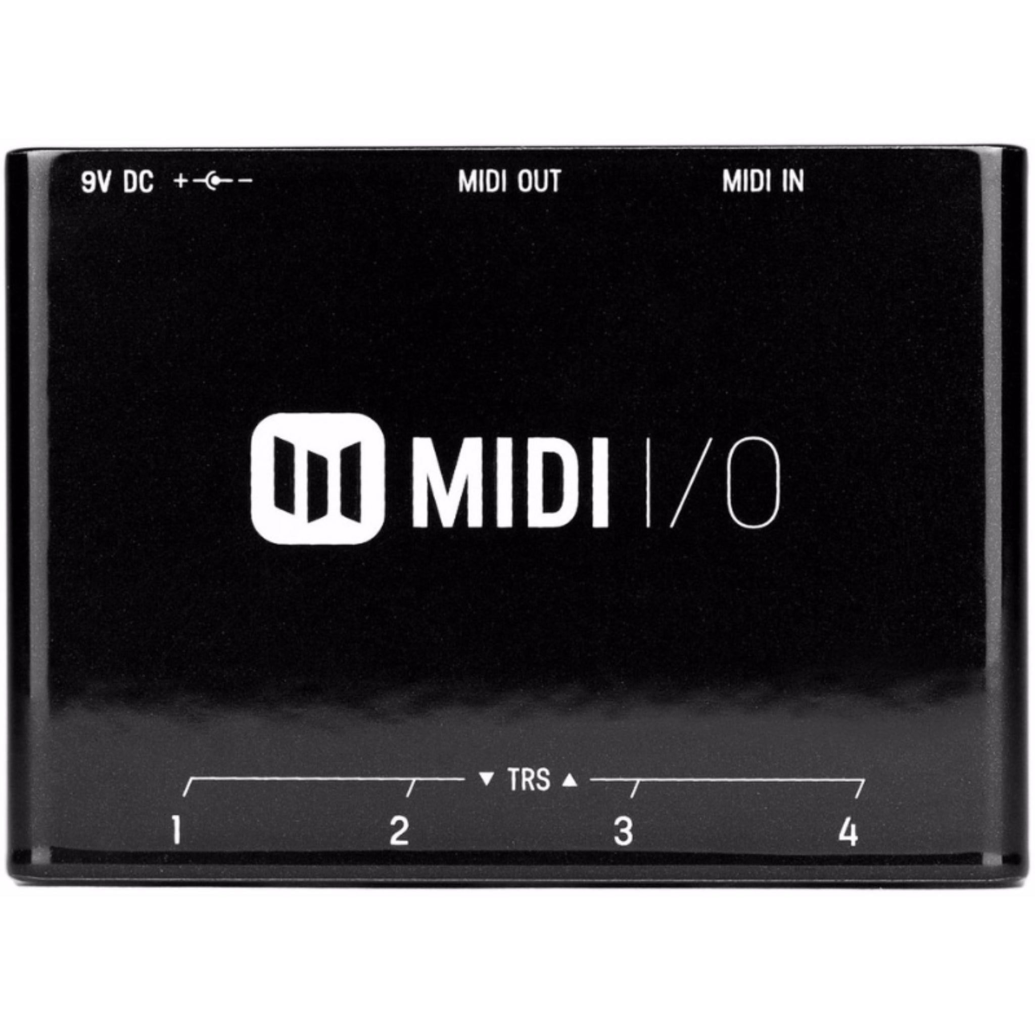 Black rectangular device labeled MIDI I/O with power input and MIDI in/out connectors.