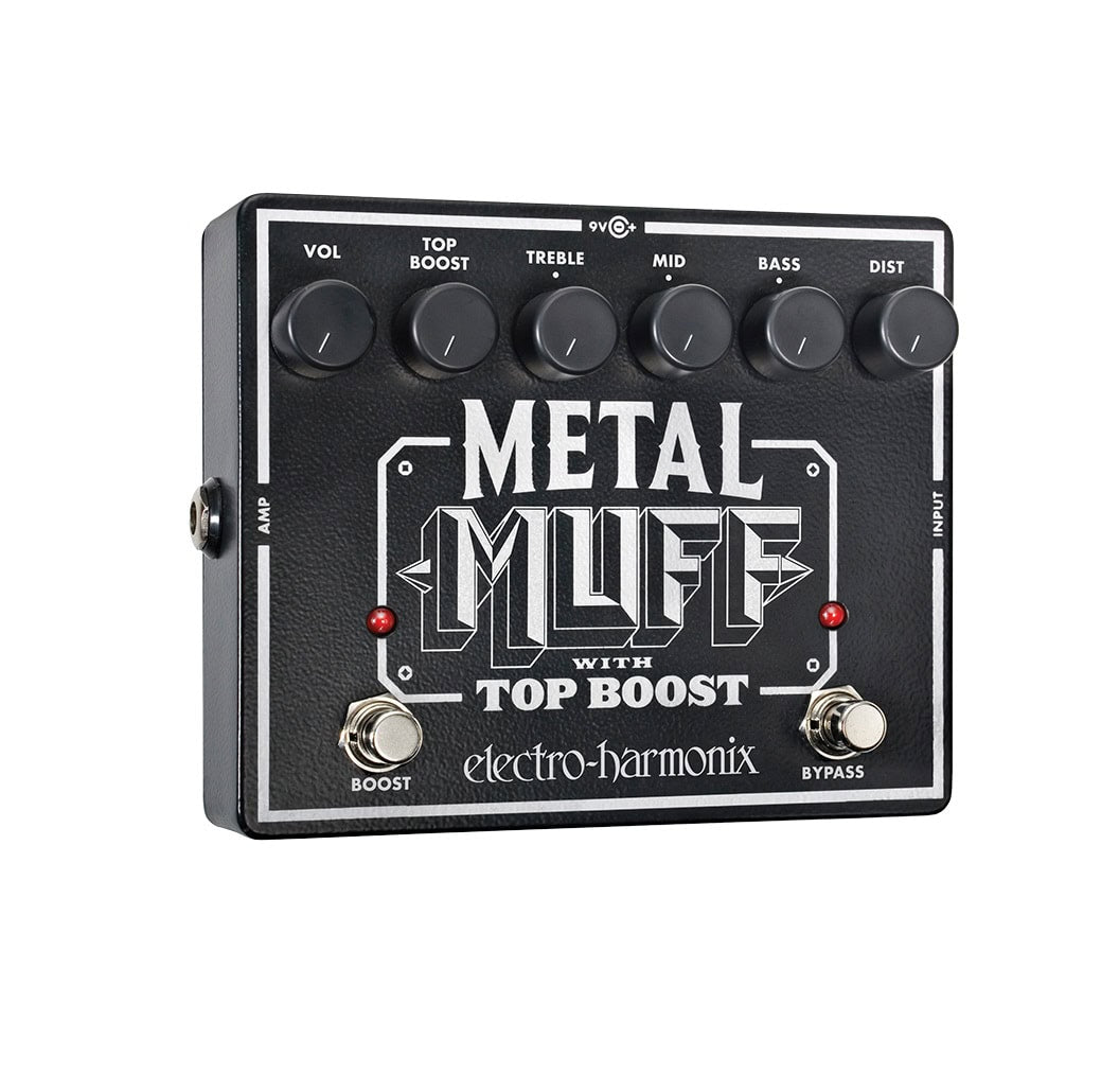 Black Electro-Harmonix Metal Muff distortion pedal with six control knobs and two footswitches.