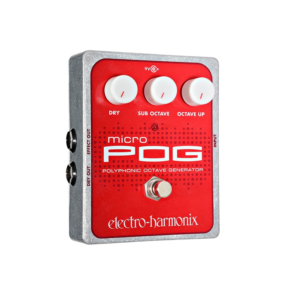 Red Electro-Harmonix Micro POG pedal with three white knobs and one footswitch shown in angled view.