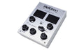 Silver and black Mellotron Micro Module synthesizer with five knobs and one toggle switch on the top panel.