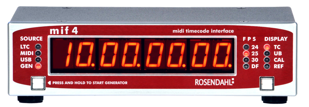 Front panel of a red and silver Rosendahl mif 4 midi timecode interface with LED display and buttons.