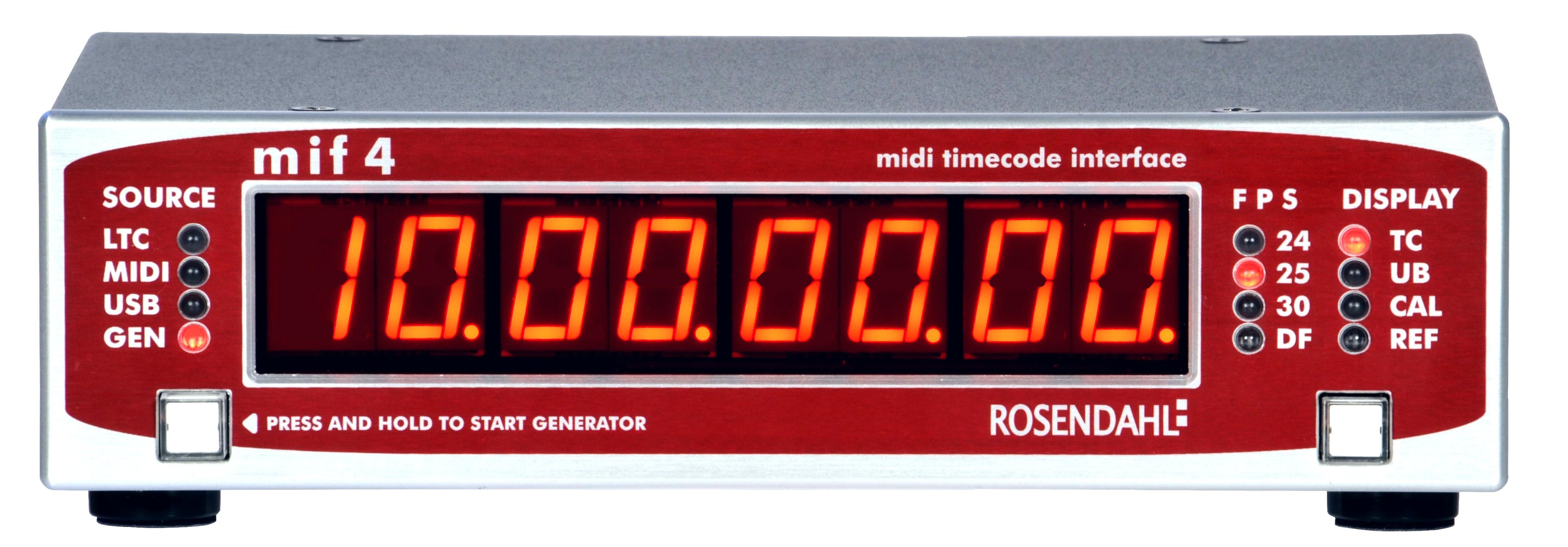 Front panel of a red and silver Rosendahl mif 4 midi timecode interface with LED display and buttons.