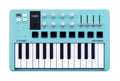 Aquamarine MIDI controller with 25 keys, 8 knobs, 4 faders, buttons, pads, and an OLED display.