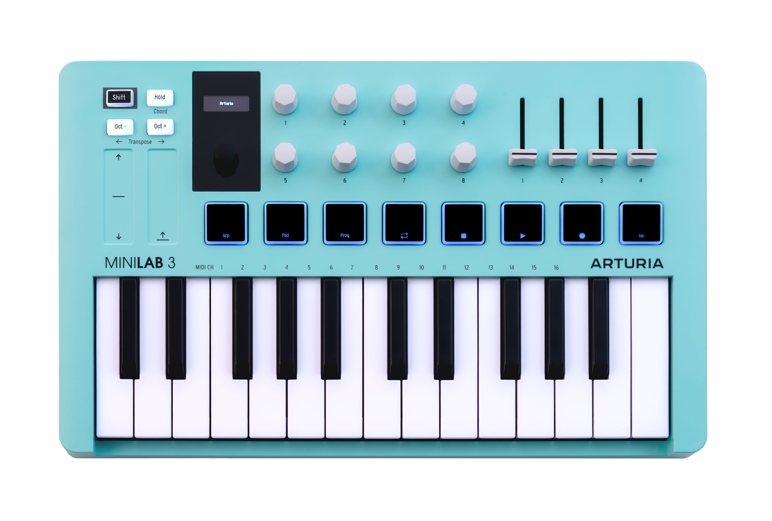 Aquamarine MIDI controller with 25 keys, 8 knobs, 4 faders, buttons, pads, and an OLED display.