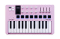 A pink MIDI controller with white and black keys, eight knobs, four faders, eight backlit square buttons, and touch strips.