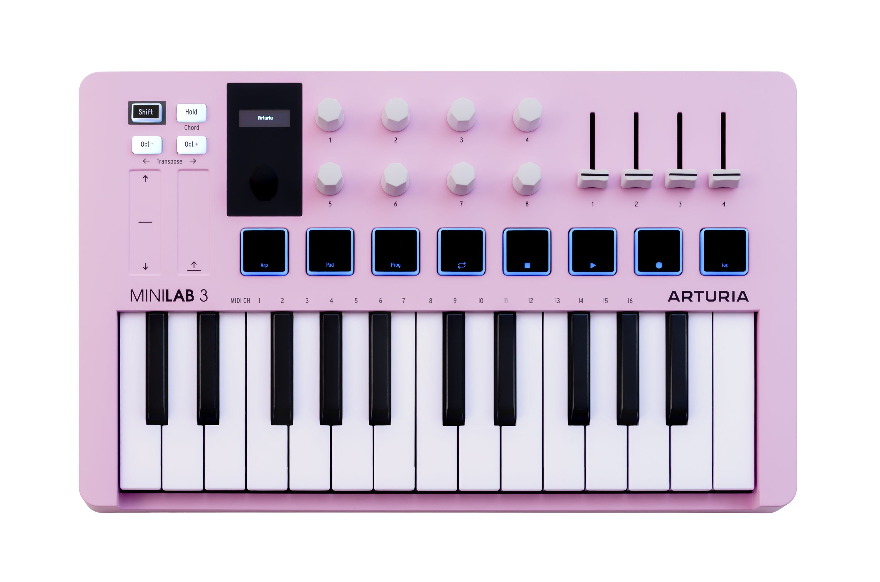A pink MIDI controller with white and black keys, eight knobs, four faders, eight backlit square buttons, and touch strips.