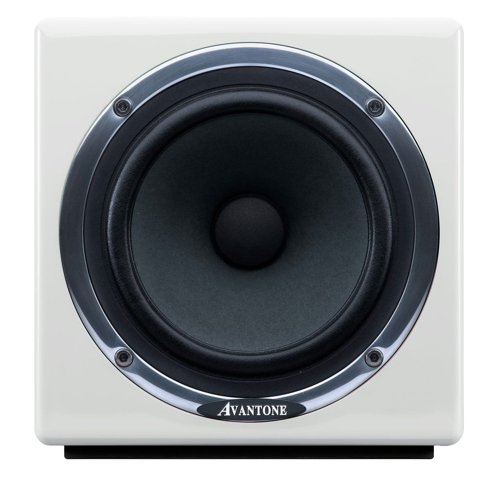 Front view of a white studio monitor speaker with a large black driver and Avantone branding on front.