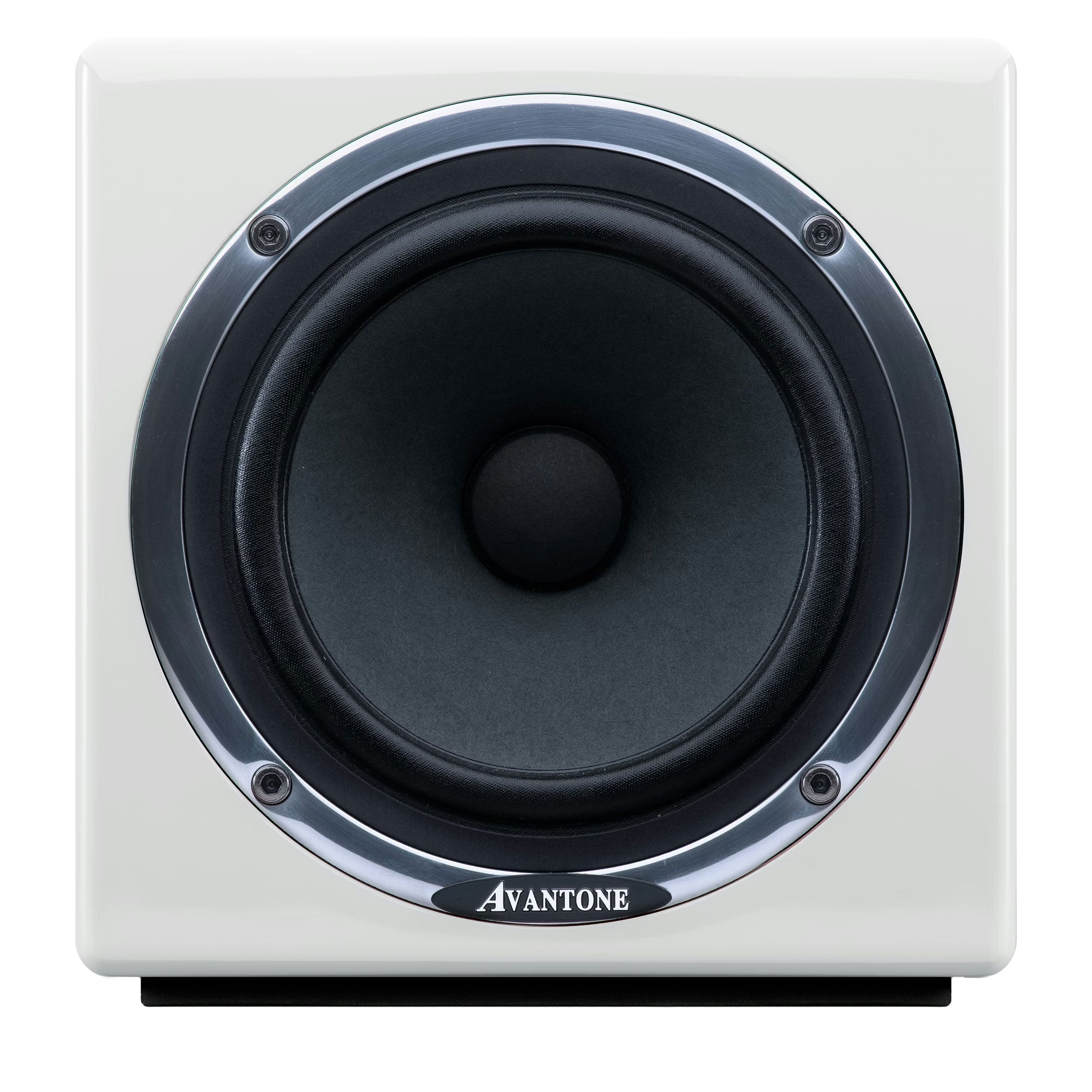 Front view of a white studio monitor speaker with a large black driver and Avantone branding on front.