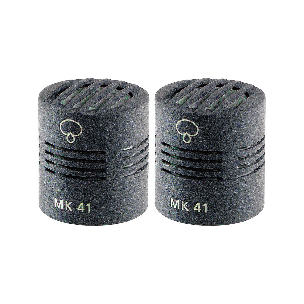 Two black cylindrical microphone capsules labeled MK 41 with slotted openings on top and sides.