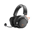 Black over-ear headphones with black fabric ear pads, an orange cable detail, and an attached microphone boom.