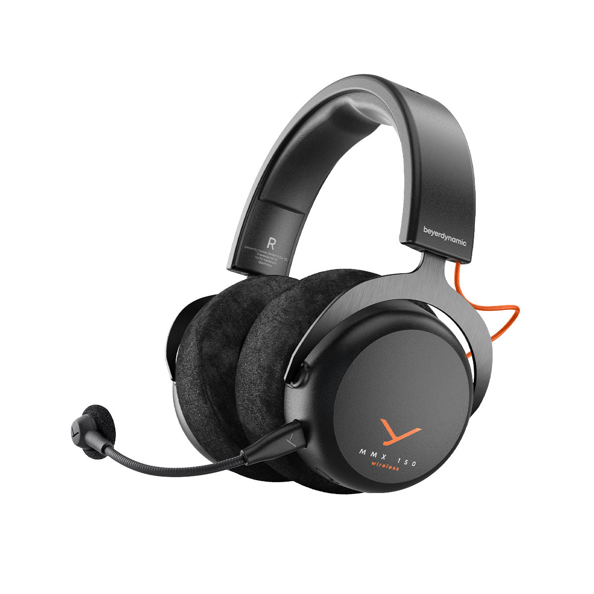 Black over-ear headphones with black fabric ear pads, an orange cable detail, and an attached microphone boom.