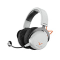 White over-ear headphones with black ear cushions, an attached boom microphone, and orange cable accents.