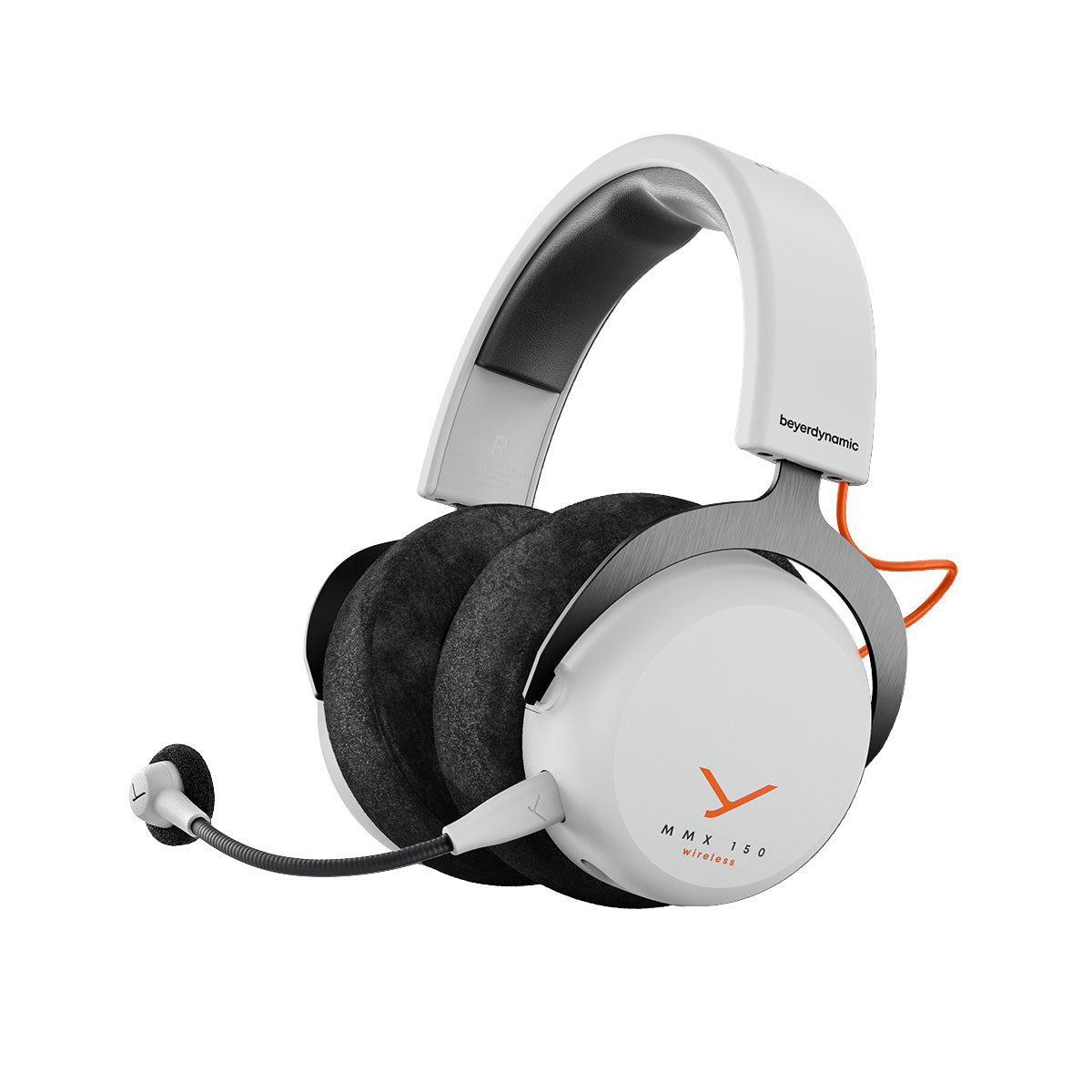 White over-ear headphones with black ear cushions, an attached boom microphone, and orange cable accents.