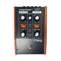 Top view of a black Moogerfooger lowpass filter pedal with wooden side panels and various controls.