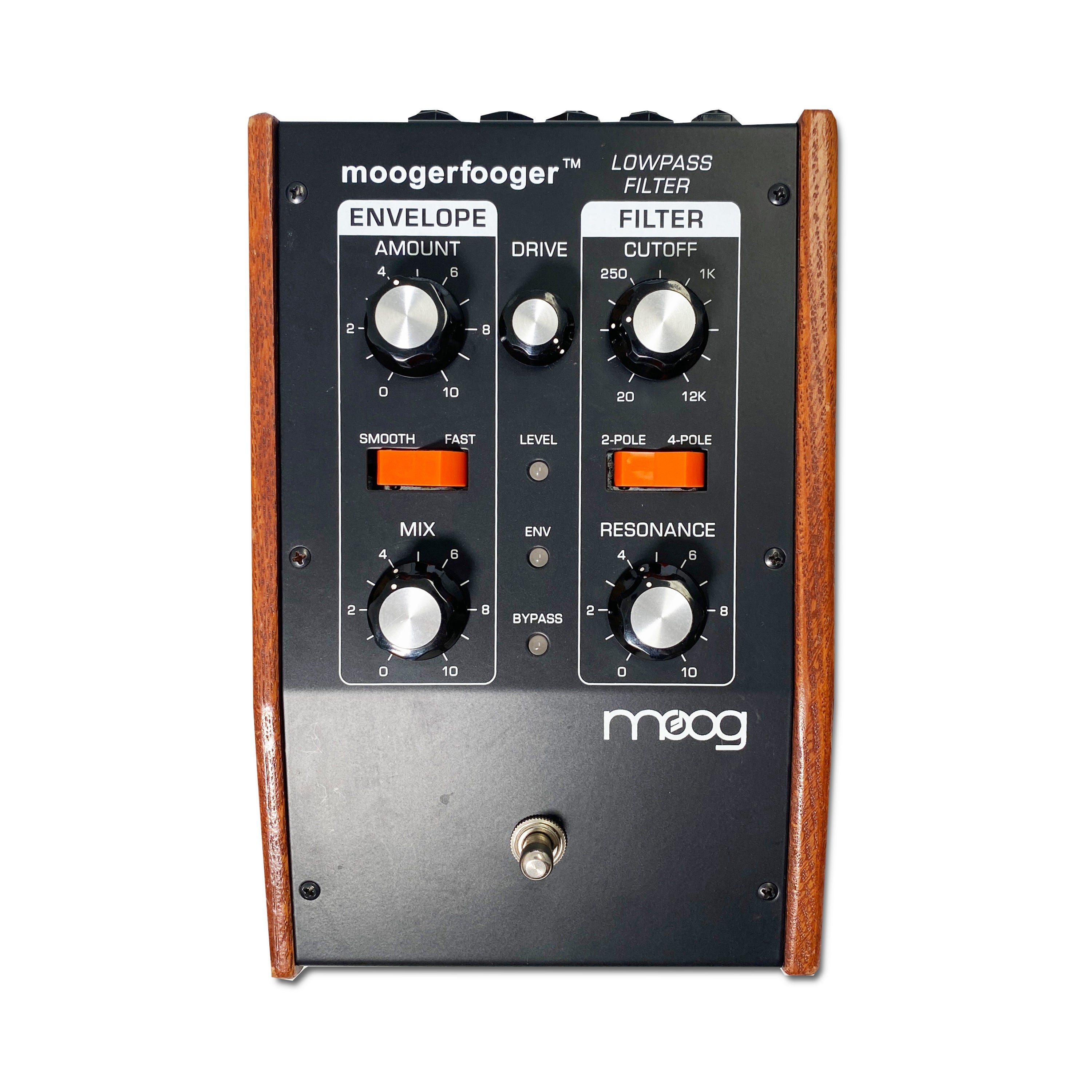 Top view of a black Moogerfooger lowpass filter pedal with wooden side panels and various controls.