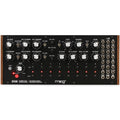 Front panel of a Moog DFAM semi-modular analog percussion synthesizer with knobs, patch jacks and buttons.