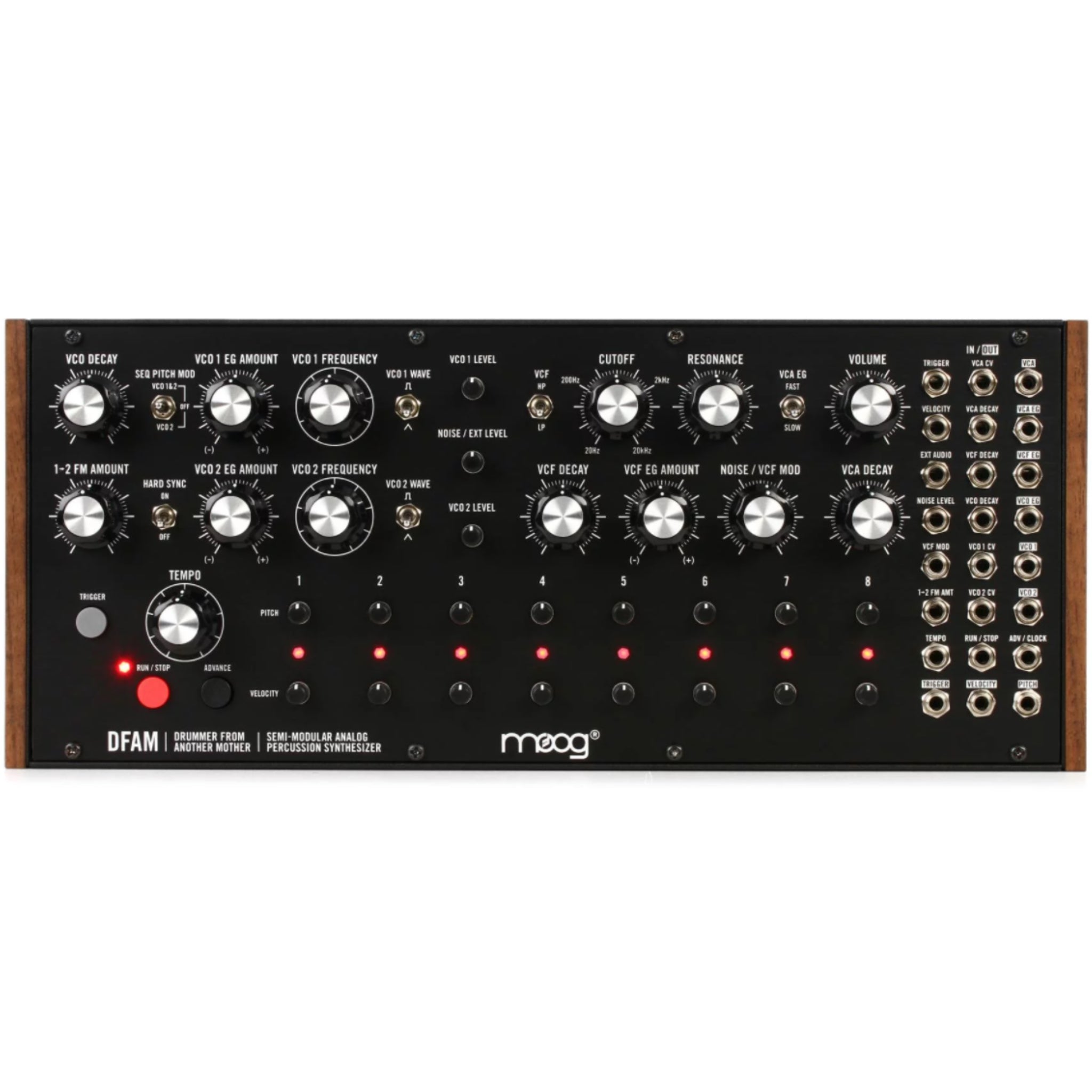 Front panel of a Moog DFAM semi-modular analog percussion synthesizer with knobs, patch jacks and buttons.