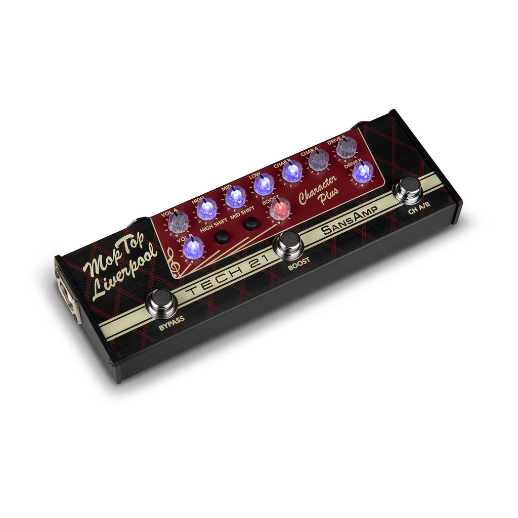 Tech 21 Mop Top Liverpool Character Plus multi-control guitar effects pedal with knobs and footswitches on black body.